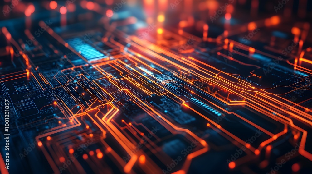 A close up of a computer chip with orange and blue lines. The image has a futuristic and technological feel to it, with the bright colors and intricate design of the chip A close up of a computer chip with orange and blue lines. The image has a futuristic and technological feel to it, with the bright colors and intricate design of the chip