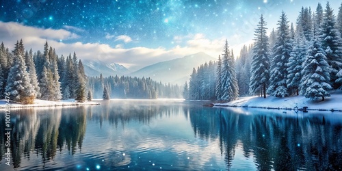 Snowflakes gently fall on a serene frozen lake surrounded by evergreen trees and misty mountains, creating a peaceful