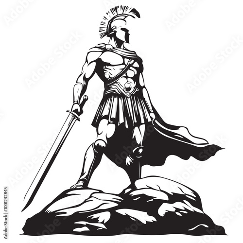 Sparta warrior illustration standing on the rock image vector isolated on white background.