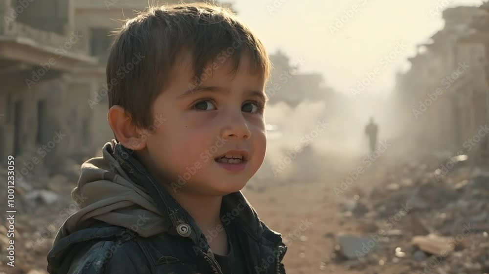 Child Looking at Camera in War-Torn City Child Looking at Camera in War-Torn City