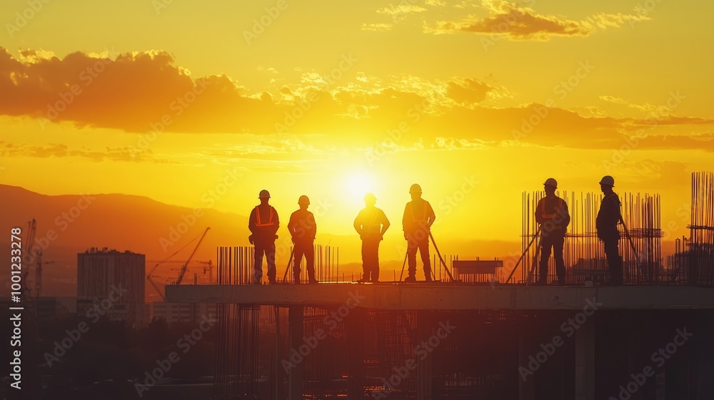 Fototapeta premium Construction workers silhouetted against a sunset on a building site