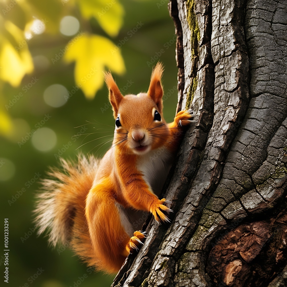 Obraz premium This enchanting photograph features a playful squirrel peeking out from behind a sturdy tree trunk, capturing the essence of curiosity and charm in the heart of the forest.