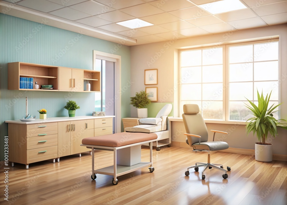 Soft, blurred doctor's office background withPastel-shaded walls, wooden furniture, and medical equipment, creating a Soft, blurred doctor's office background withPastel-shaded walls, wooden furniture, and medical equipment, creating a