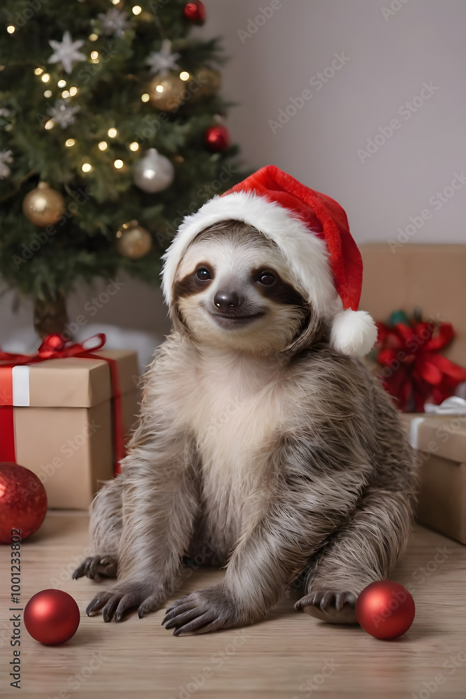 Cute sloth in santa hat on new year background Cute sloth in santa hat on new year background