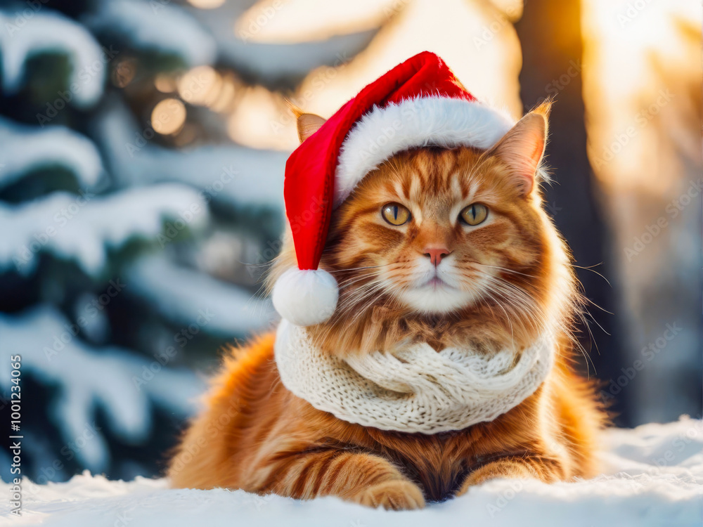 red fluffy cat in a santa hat and scarf on a winter background red fluffy cat in a santa hat and scarf on a winter background