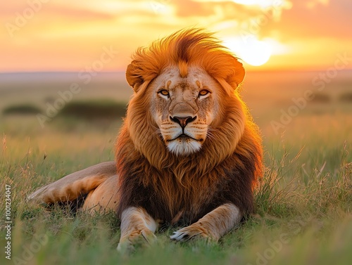 A majestic lion lies in tall grass against a fiery sunset with its mane blowing in the wind.
