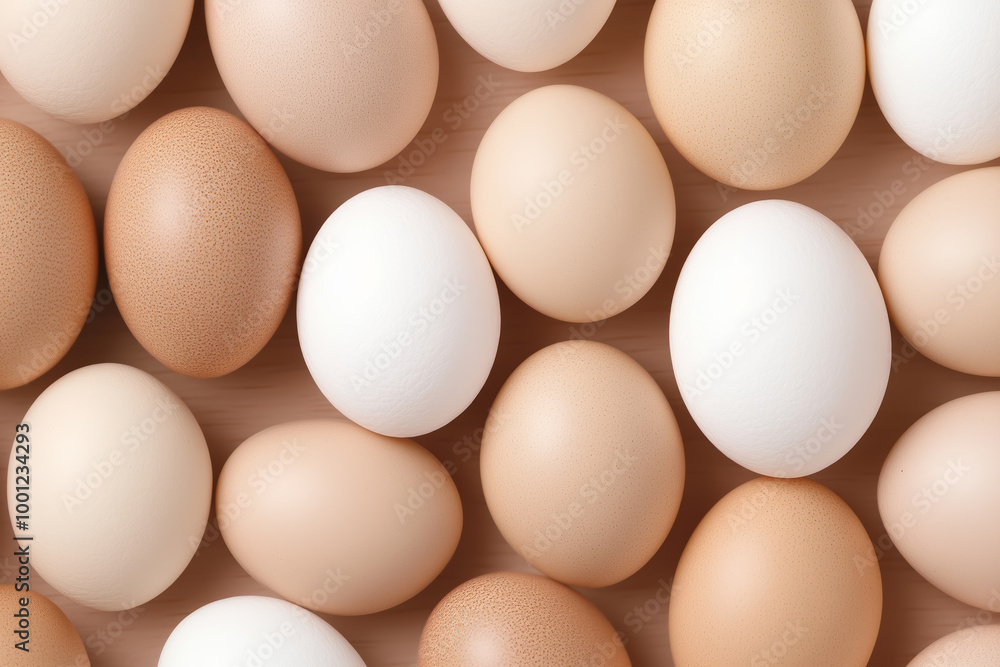 A variety of eggs arranged neatly on a wooden surface showcasing diverse textures and colors A variety of eggs arranged neatly on a wooden surface showcasing diverse textures and colors
