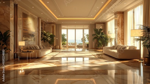 Luxurious living room with marble floors and large windows