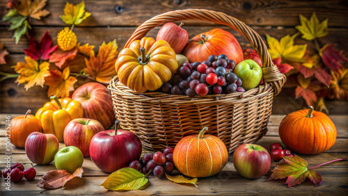 Bountiful harvest basket filled with colorful fruits and pumpkins surrounded by autumn leaves