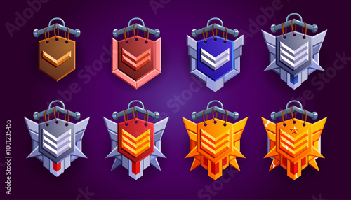 Level game rank badges set. 12 Realistic vector of woody, silver, bronze, gold with level progress symbol. Metallic style. Progress and awards.
