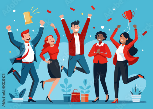 Happy office workers, joyful staff or employee success, team or colleague celebrate work achievement together, diverse, excited people concept, business people office worker jump to celebrate success
