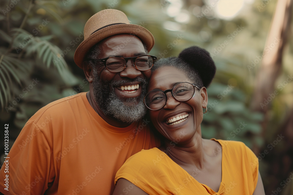 Happy old black senior couple smiling and hugging together. African american woman and man lifestyle. Elderly married family spending some quality time outside Happy old black senior couple smiling and hugging together. African american woman and man lifestyle. Elderly married family spending some quality time outside