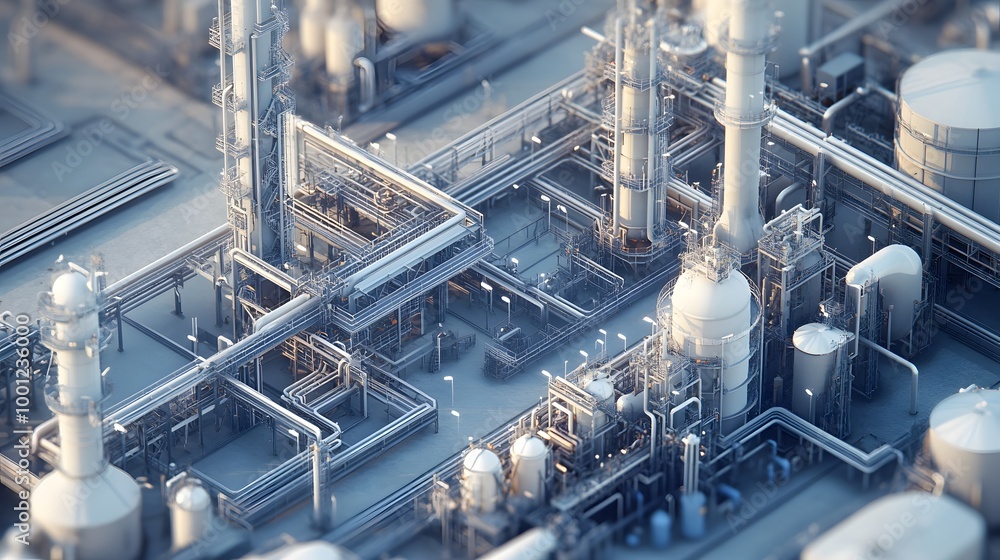 A large industrial plant with many tanks and pipes. The image is in black and white and has a very industrial feel to it A large industrial plant with many tanks and pipes. The image is in black and white and has a very industrial feel to it