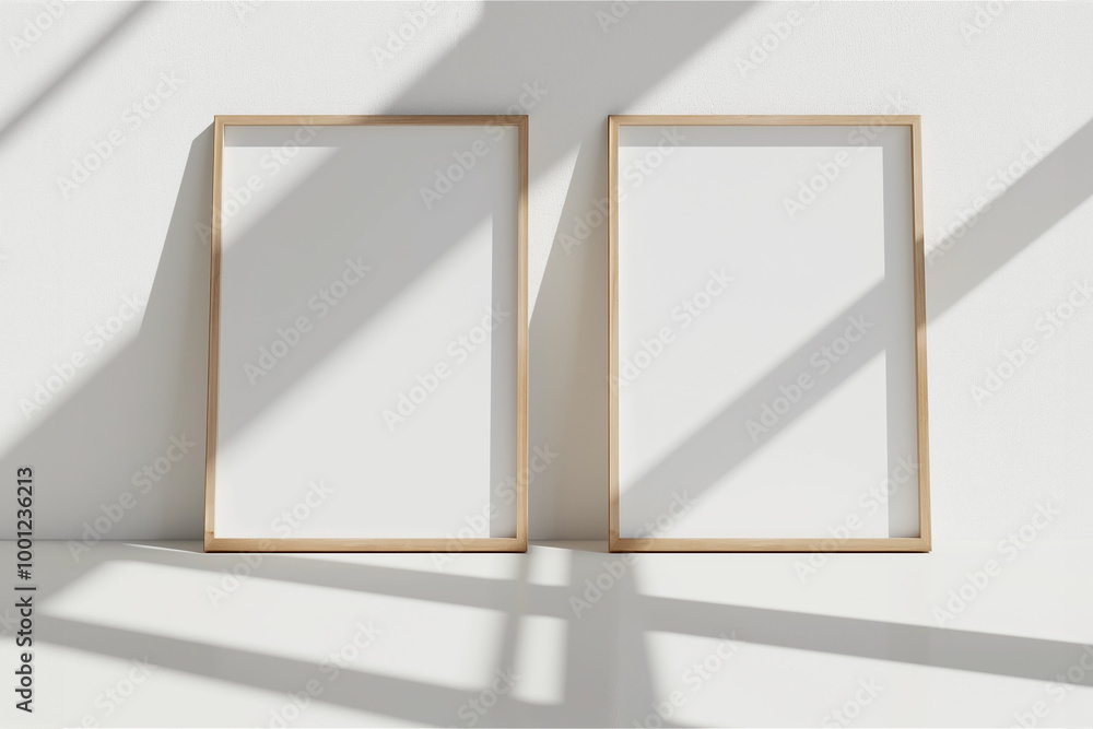 Two frames on floor mockup room interior design with rattan armchair. Modern home picture, white design background poster, blank photo. Wooden empty scandinavian house mock up. Rustic indoor frame ima Two frames on floor mockup room interior design with rattan armchair. Modern home picture, white design background poster, blank photo. Wooden empty scandinavian house mock up. Rustic indoor frame ima