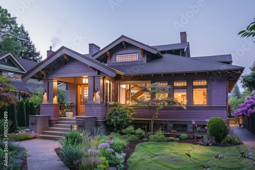 Elegant urban craftsman house in soft plum, showcasing detailed woodwork, a neat garden, and a clear evening sky.