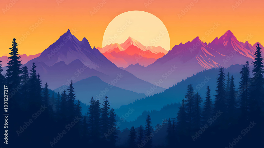 Silhouetted trees on a mountain range with a large sun in the sky. Silhouetted trees on a mountain range with a large sun in the sky.