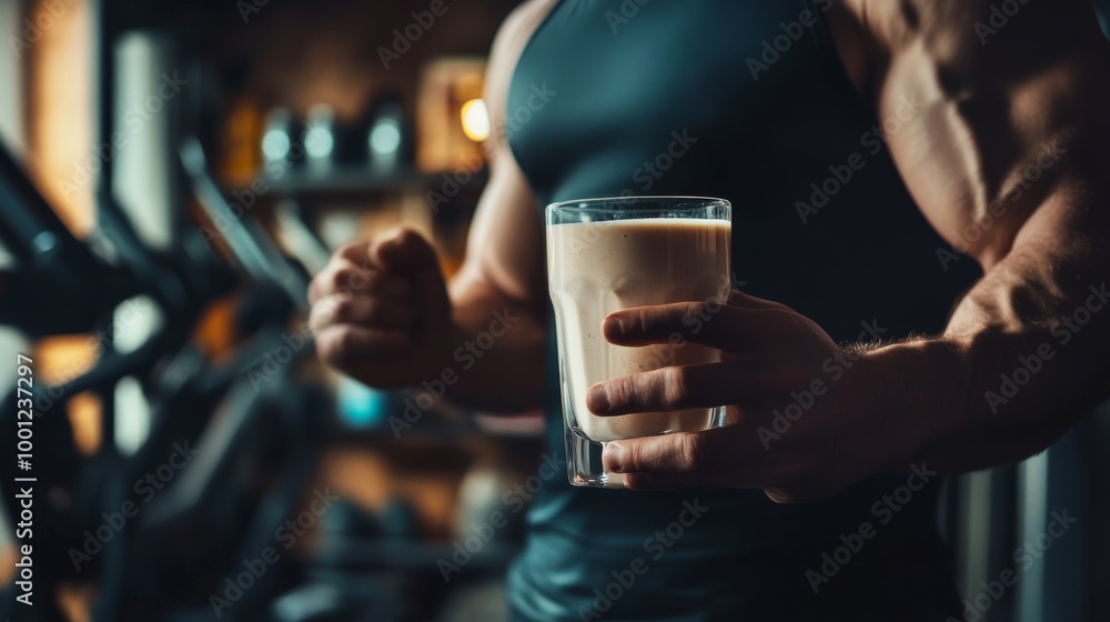Man Holding Glass of Soy Protein in Home Gym Man Holding Glass of Soy Protein in Home Gym