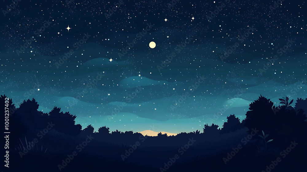 Night sky with stars and moon over silhouette of trees.