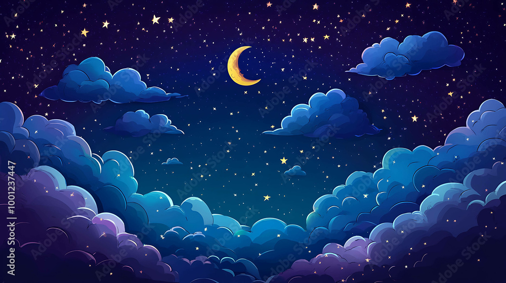 A starry night sky with a crescent moon and fluffy clouds. A starry night sky with a crescent moon and fluffy clouds.