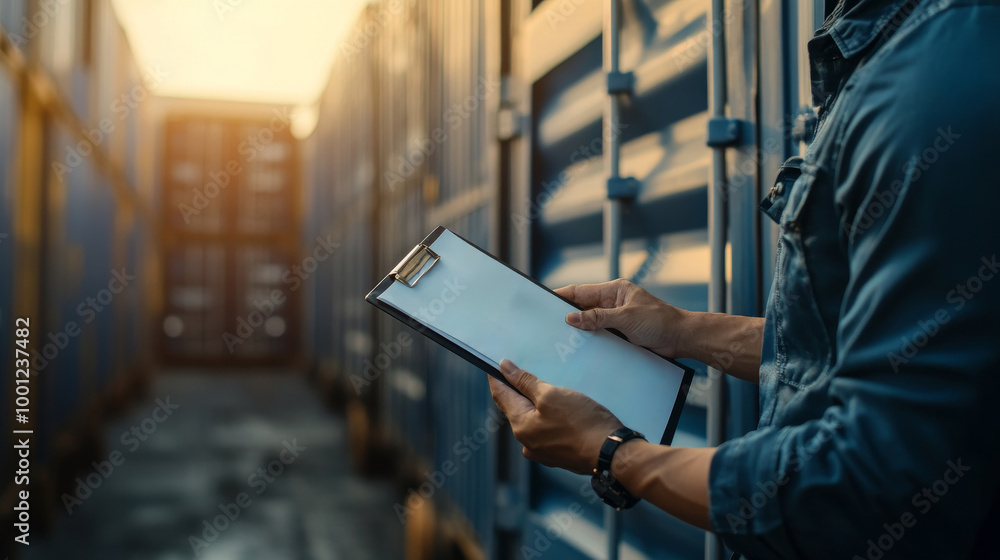 Close Up of Hands Holding a Clipboard in Warehouse Setting Close Up of Hands Holding a Clipboard in Warehouse Setting