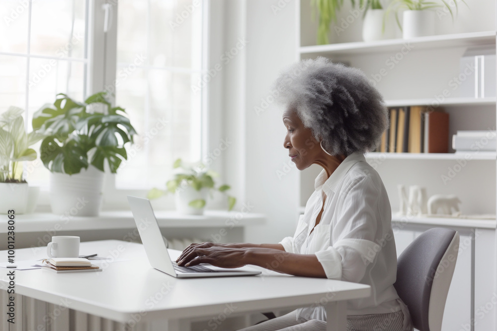Black senior woman working online at coworking center using laptop. African american retired person happy businessman at office. Lifestyle hobby for older woman Black senior woman working online at coworking center using laptop. African american retired person happy businessman at office. Lifestyle hobby for older woman