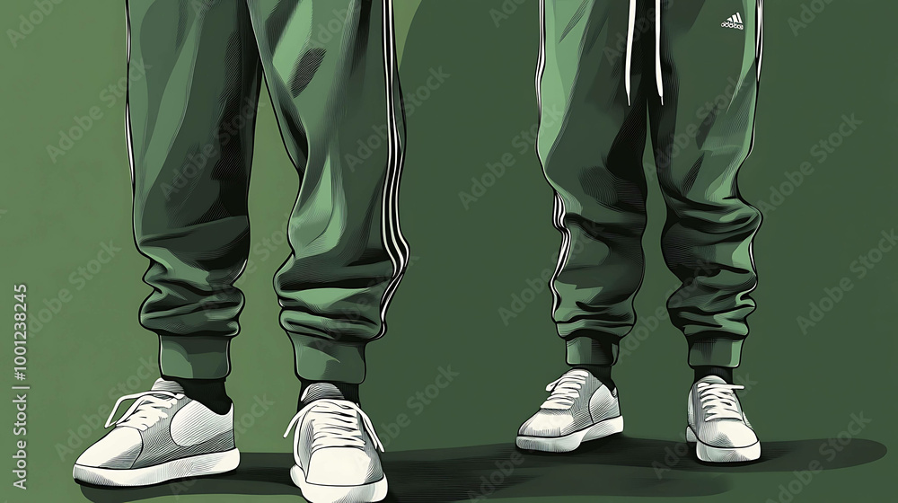 Fototapeta premium Illustration of legs wearing green sweatpants and white sneakers with black stripes.