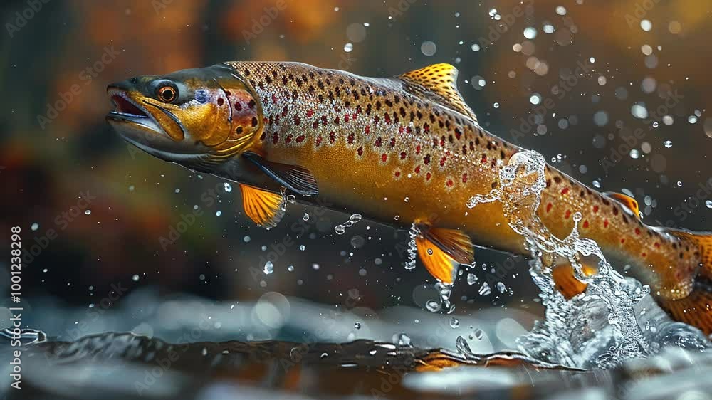 Brown trout leaps from rapid river, splashing water around. 3D animation video. High quality 4k footage Brown trout leaps from rapid river, splashing water around. 3D animation video. High quality 4k footage