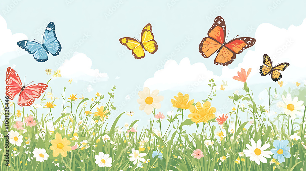 A beautiful meadow scene with colorful butterflies flying over a field of wildflowers. A beautiful meadow scene with colorful butterflies flying over a field of wildflowers.