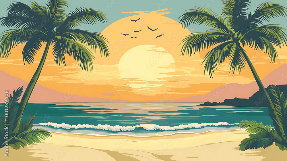 Tropical sunset scene with palm trees and beach. Tropical sunset scene with palm trees and beach.