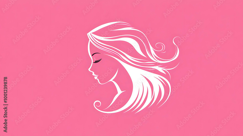 Simple line drawing of a woman's profile with flowing hair, on a pink background. Simple line drawing of a woman's profile with flowing hair, on a pink background.