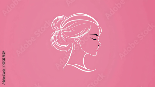 Minimalist line drawing of a woman's face in profile on a pink background.