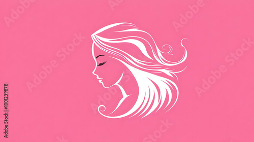 Simple line drawing of a woman's profile with flowing hair, on a pink background.