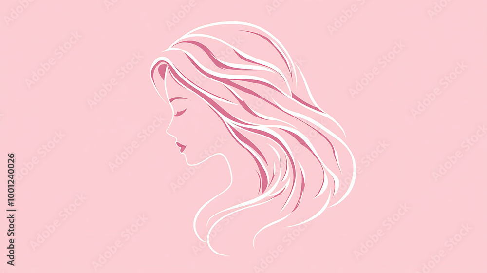 Pink and white line art illustration of a woman with long, flowing hair. Pink and white line art illustration of a woman with long, flowing hair.
