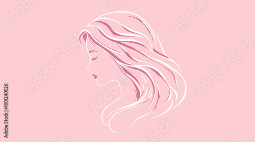 Pink and white line art illustration of a woman with long, flowing hair.