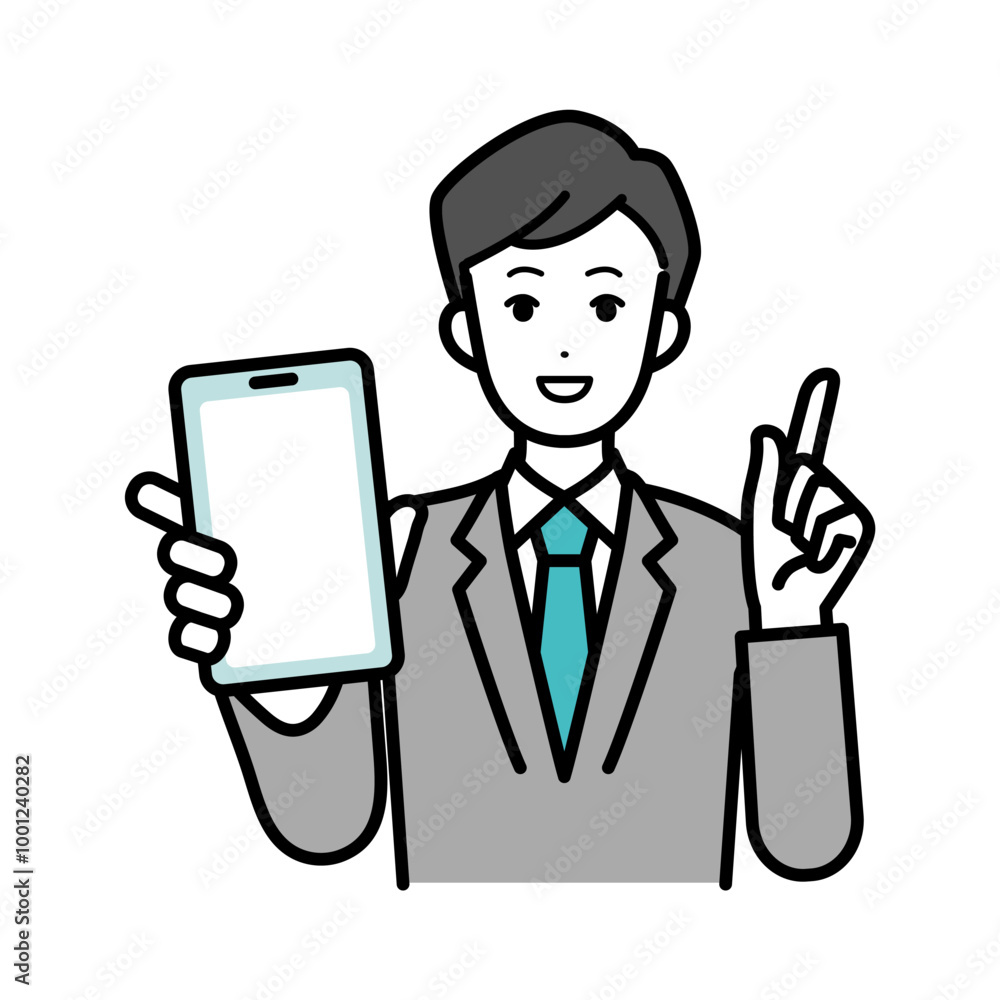 Illustration of a male businessperson showing a smartphone screen. Illustration of a male businessperson showing a smartphone screen.