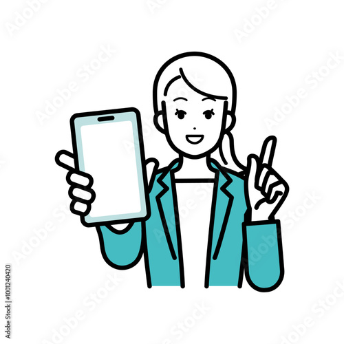 Illustration of businessperson woman showing smartphone screen.