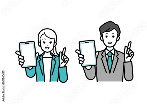 Illustration of businessperson male and female showing smartphone screen.