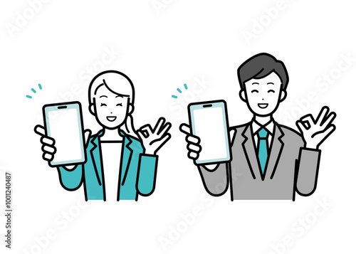Illustration of business person man and woman with smartphone OK.