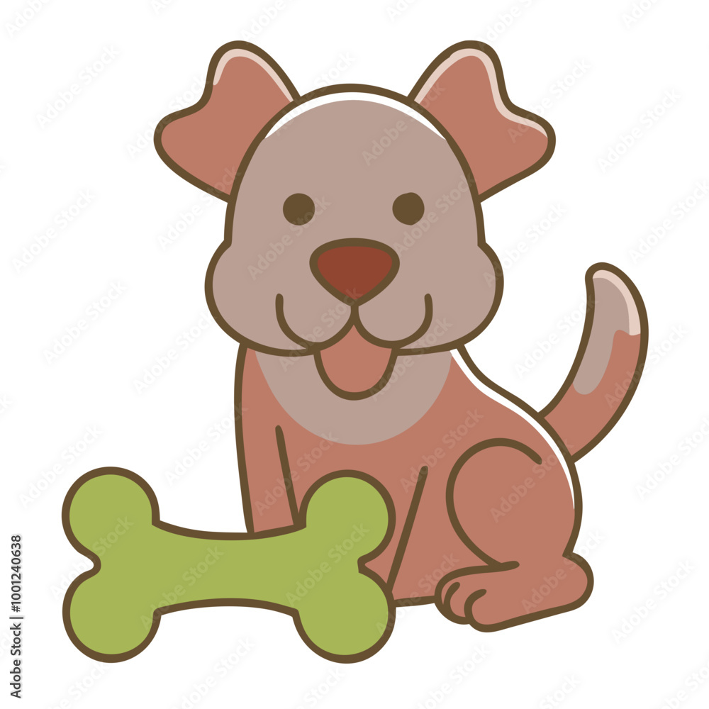Obraz premium Cute Dog with Bone, Cartoon Style, Brown and Green Colors, Playful Pet Illustration
