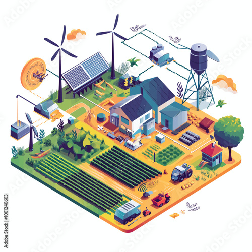 Isometric Smart Farm, Agricultural Technology Illustration