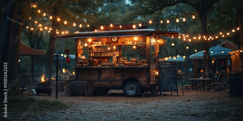 Cozy outdoor food cart with fairy lights at dusk Cozy outdoor food cart with fairy lights at dusk