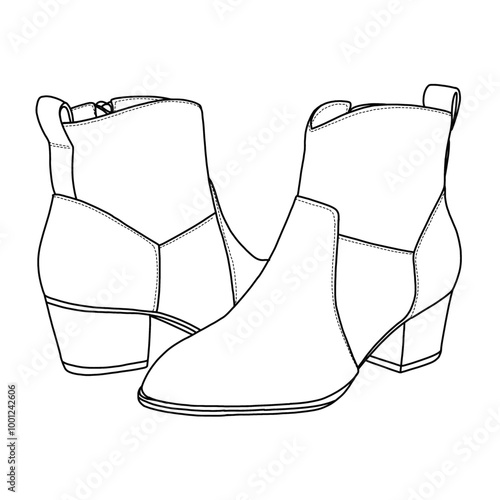 Women's Western Ankle Boots Line art, Technical sketch hand drawing outline vector doodle illustration side and rear view isolated on white background