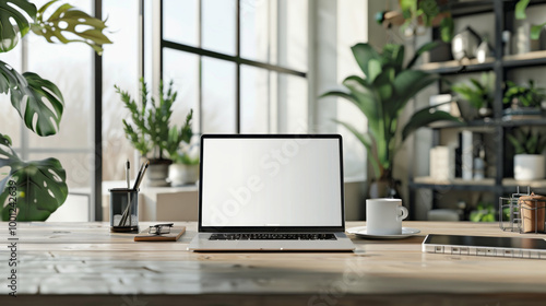 Wallpaper Mural A laptop sits on a wooden desk in front of a window with plants Torontodigital.ca