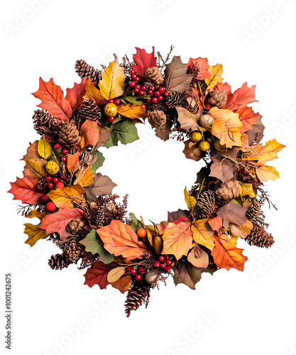 autumn wreath with leaves, berries and pine cones