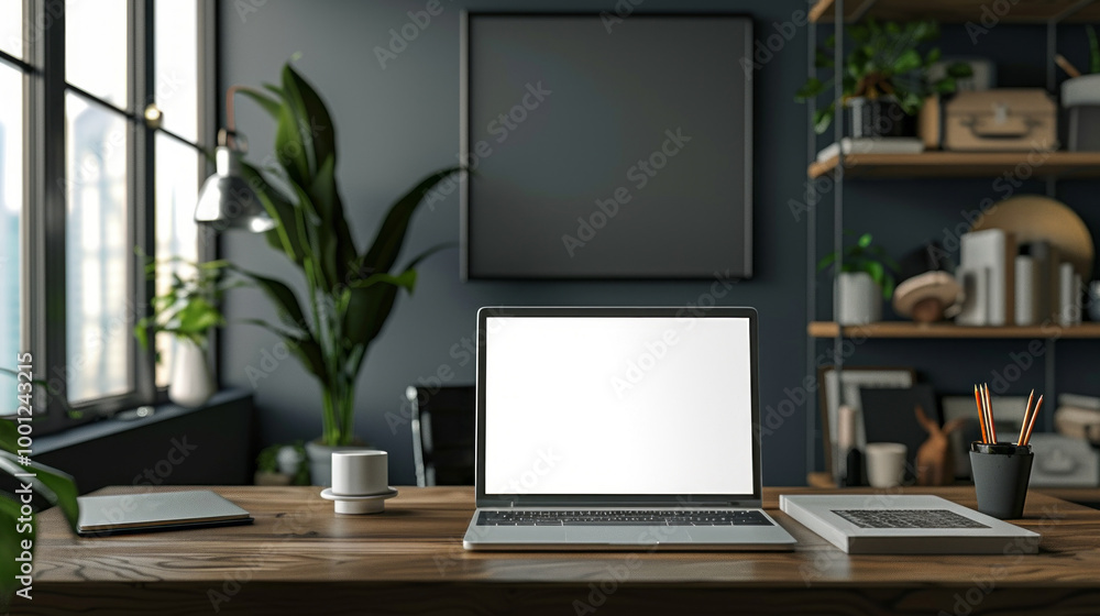 A laptop is on a desk in a room with a large window and a potted plant A laptop is on a desk in a room with a large window and a potted plant