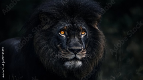 Black lion with a luxurious mane, eyes gleaming with wisdom and courage, symbolizing wild elegance. - photo