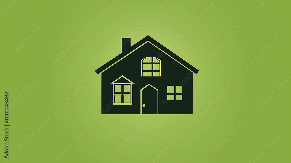 A simple black silhouette of a house with windows and door on a green background. A simple black silhouette of a house with windows and door on a green background.