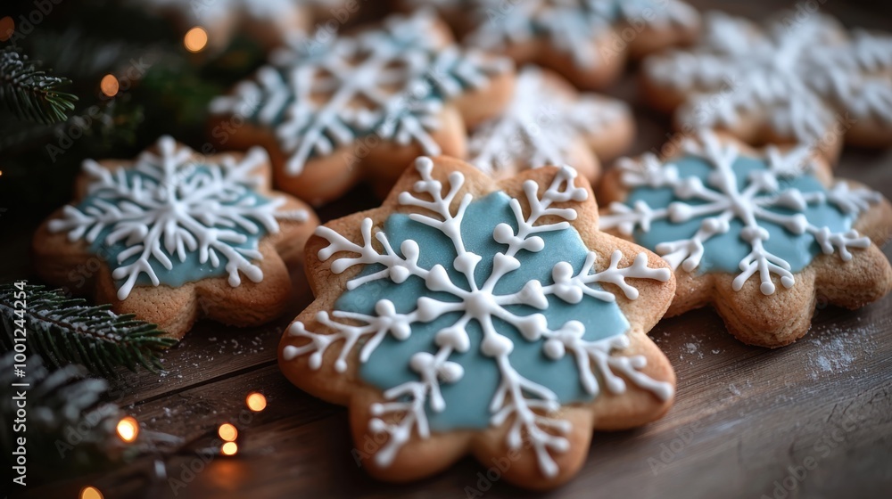 Fototapeta premium Christmas delicious cookies with snowflakes decorated with icing powder close-up on the background of Christmas decorations