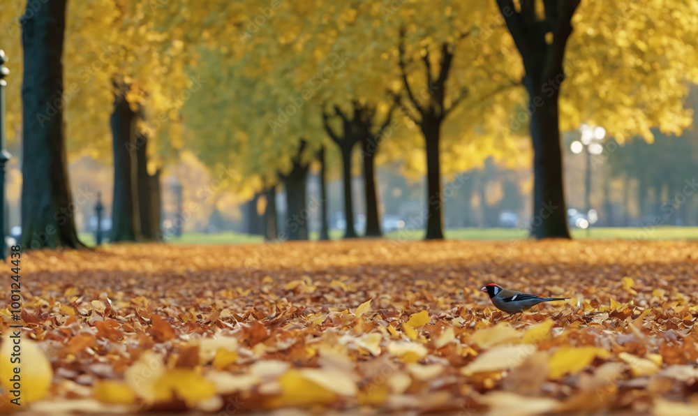 A lone bird walks on a path covered in fallen leaves in an autumnal park A lone bird walks on a path covered in fallen leaves in an autumnal park