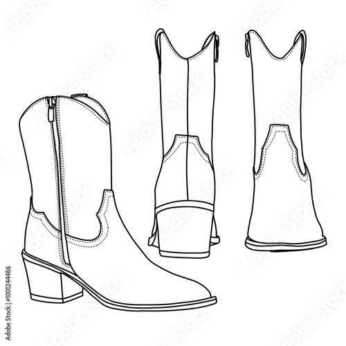 Women's Cowboy Boots with Zipper Pull-On Stitched Line art, Technical sketch hand drawing outline vector doodle illustration Side, front and rear view isolated on white background